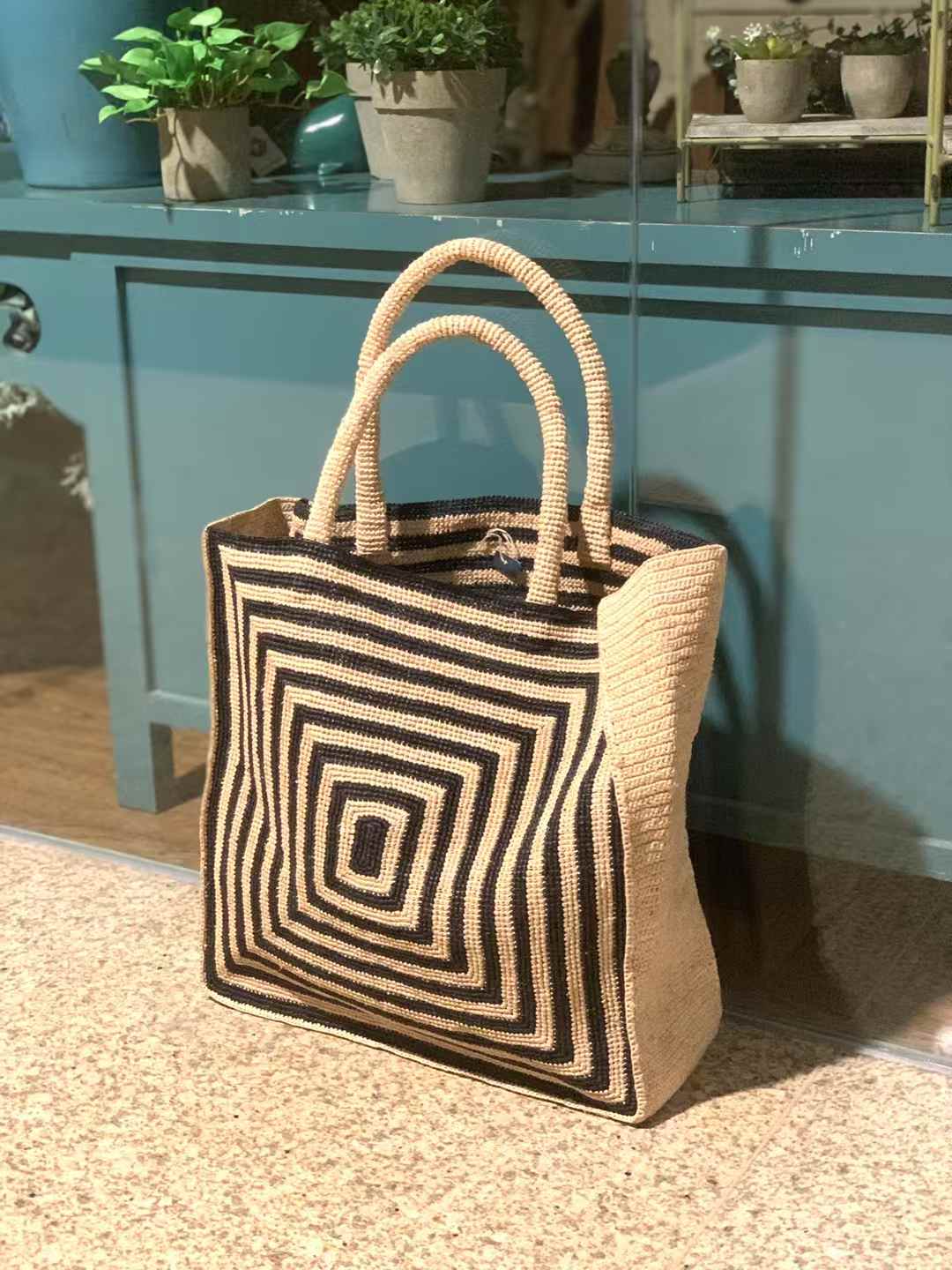 large raffia tote for women with black spiral pattern, high quality beach bag for summer
