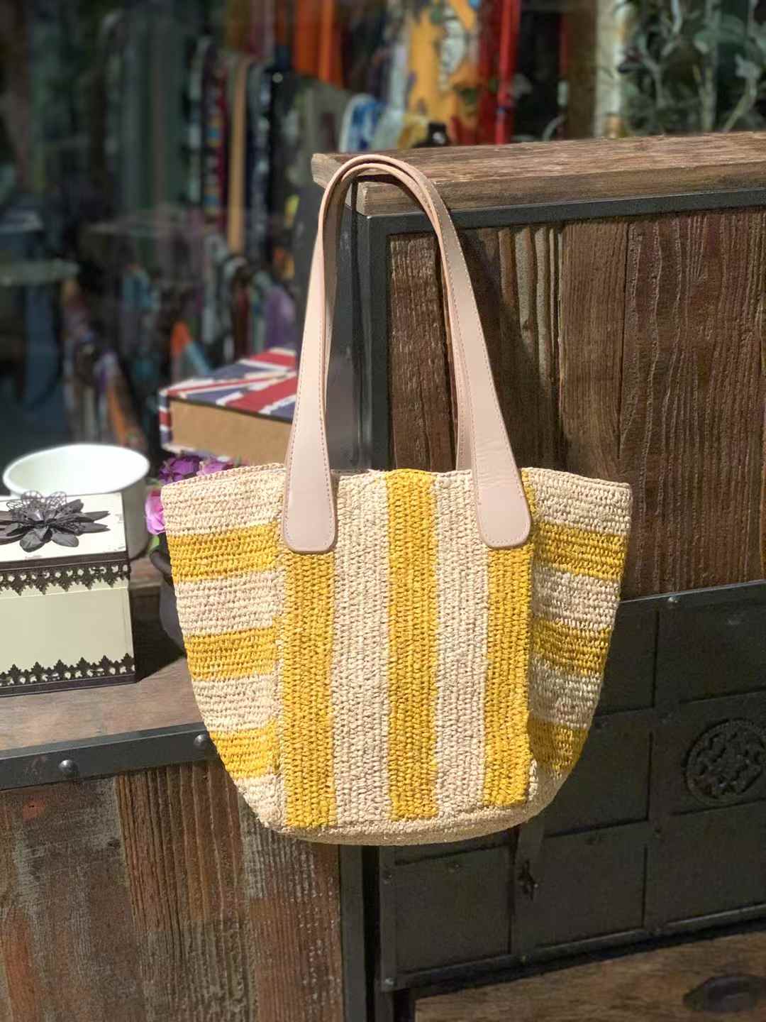 yellow stripes pattern raffia bag with leather straps