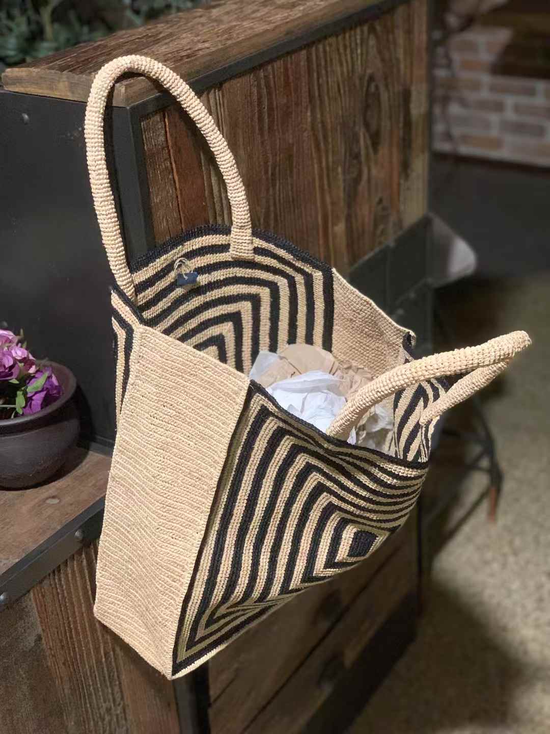 Handmade Wide opening rectangular straw Beach Bag, natural color base matching with black color square pattern, 2 handles for are wear
