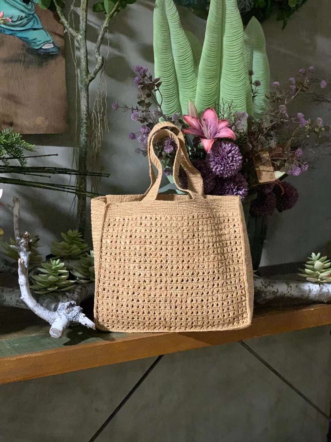Hand Crochet Straw Tote Bag in Beige