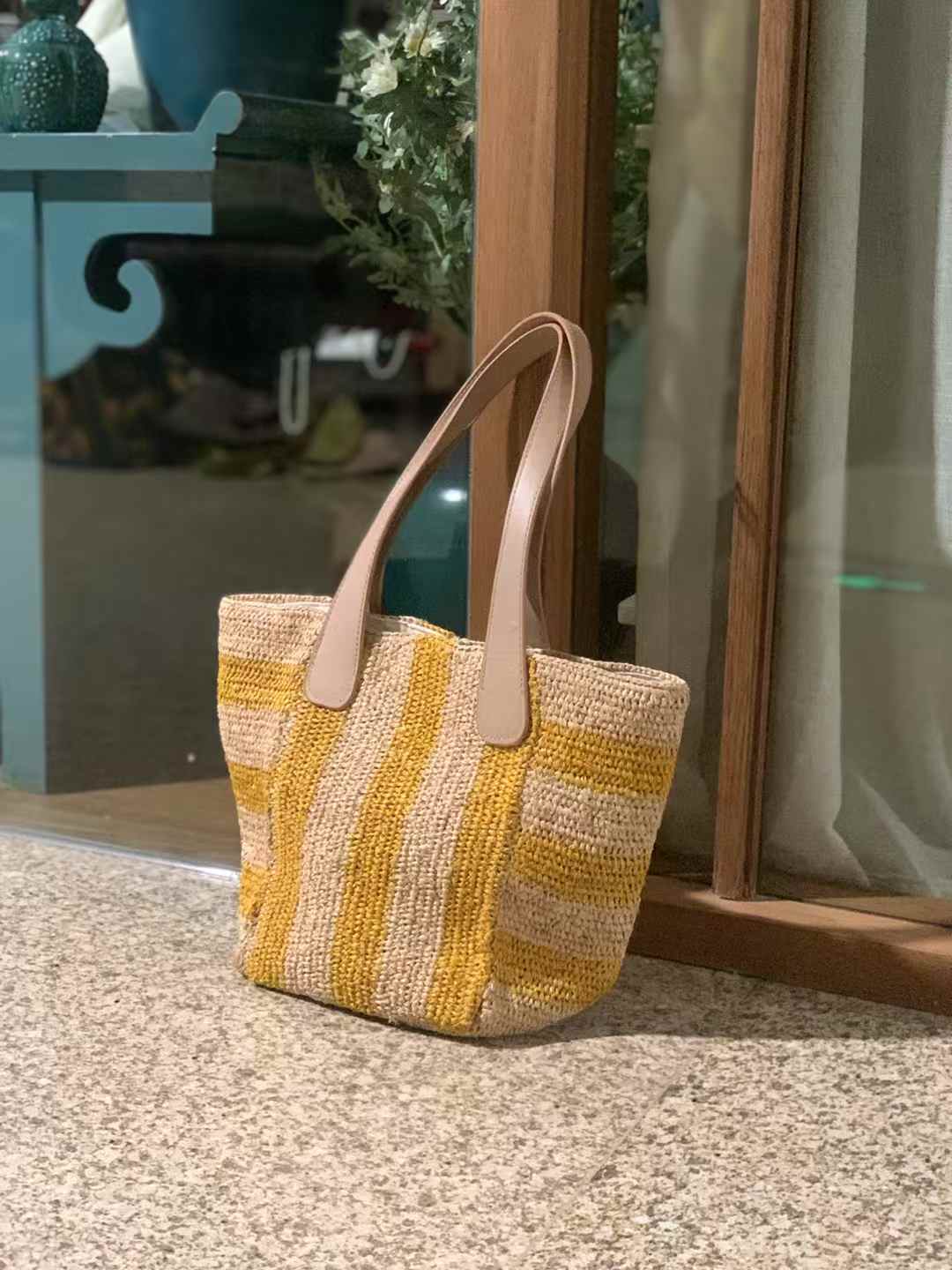 Niva Raffia Bag with Leather Straps & Cotton Lining