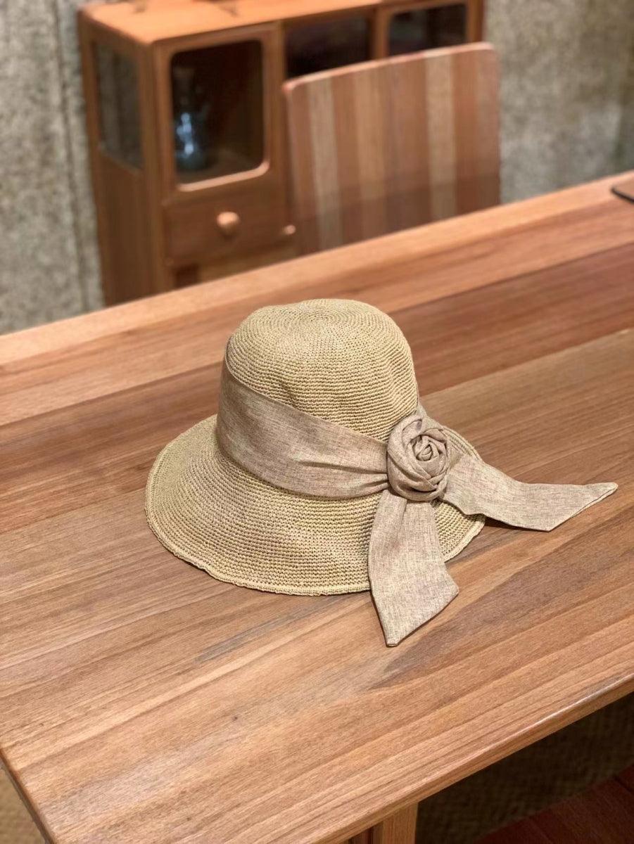 Rosa Hand Crochet Sun Hat with Ribbon Decor Khaki