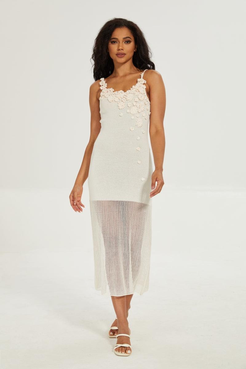 Tikira Strap Knit Midi Dress With Hand Crochet Floral
