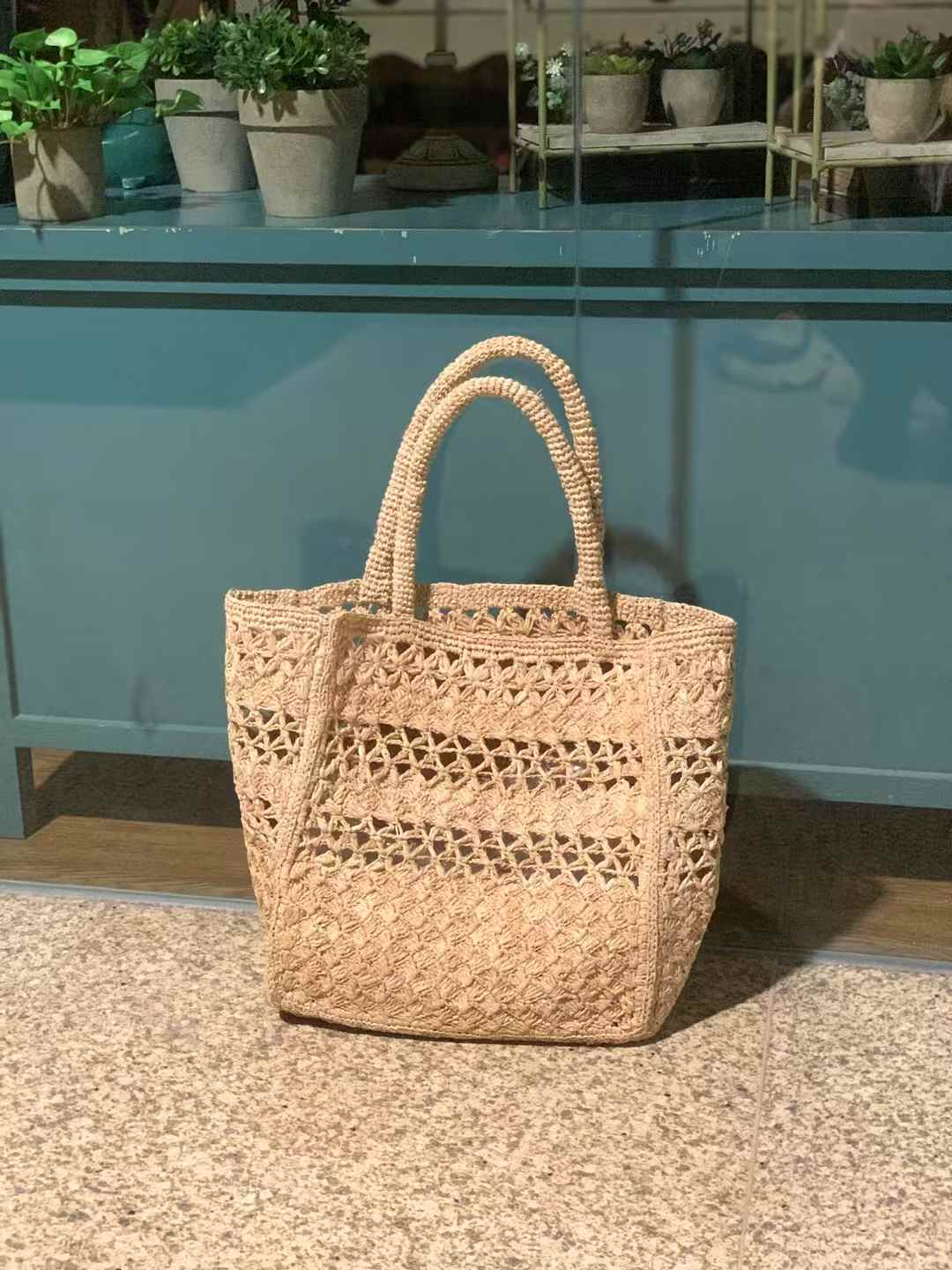Crochet Raffia Beach Bag Hollow Design in natural tone, 2 top handles for hand carry and arm wear