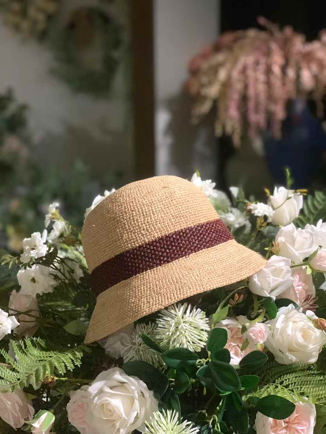 Minimalist handmade straw hat with short brim, and contrast red-wine color band, Japanese-style summer hat for women