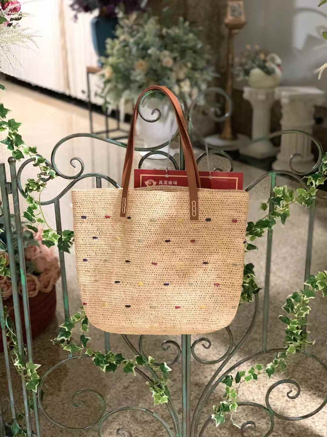 Starry Straw Bag Leather Handle
