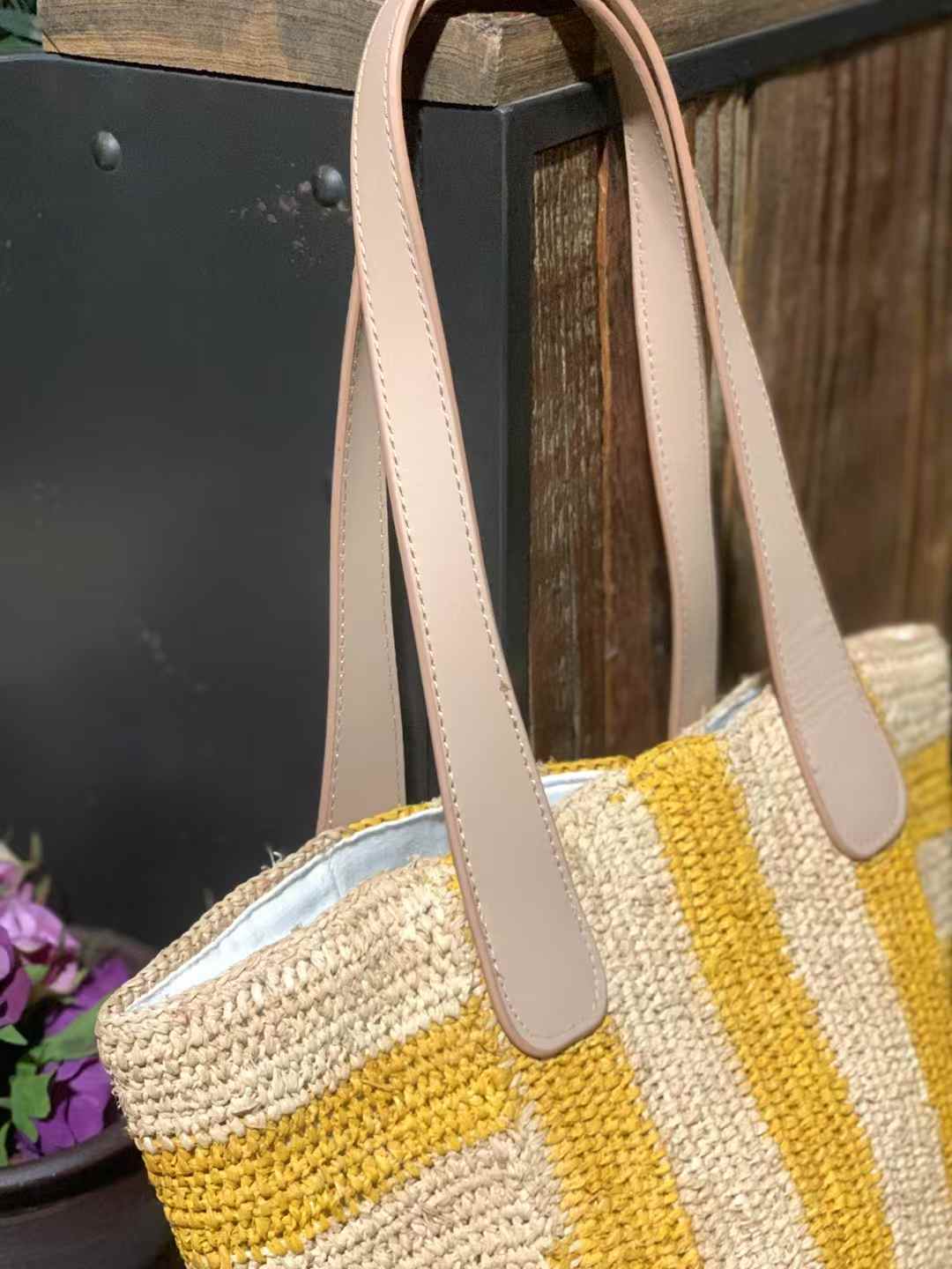 yellow stripes pattern raffia tote bag with leather straps