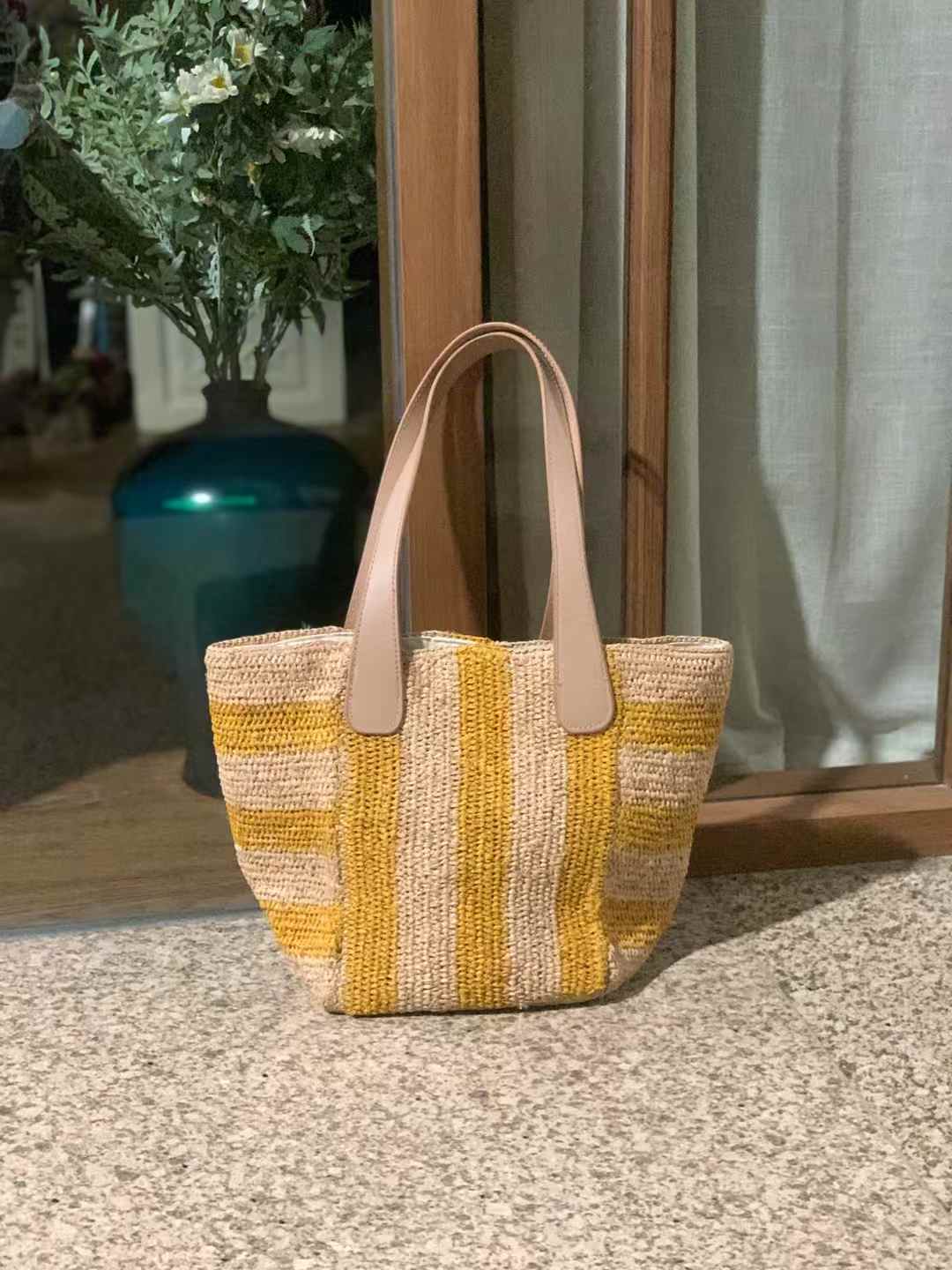 Niva Raffia Bag with Leather Straps & Cotton Lining