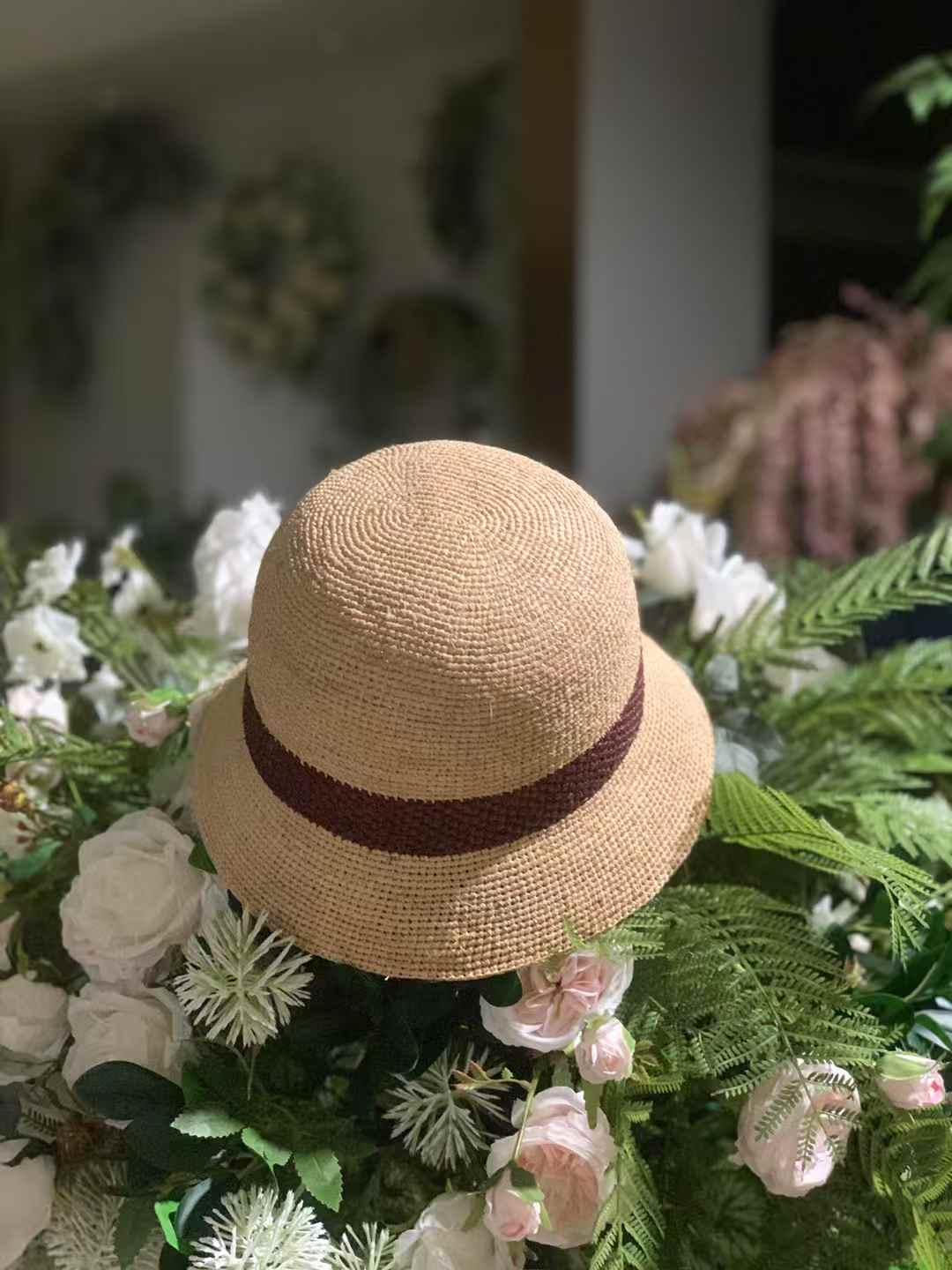 Minimalist handmade straw hat with short brim, and contrast red-wine color band, Japanese-style summer hat for women