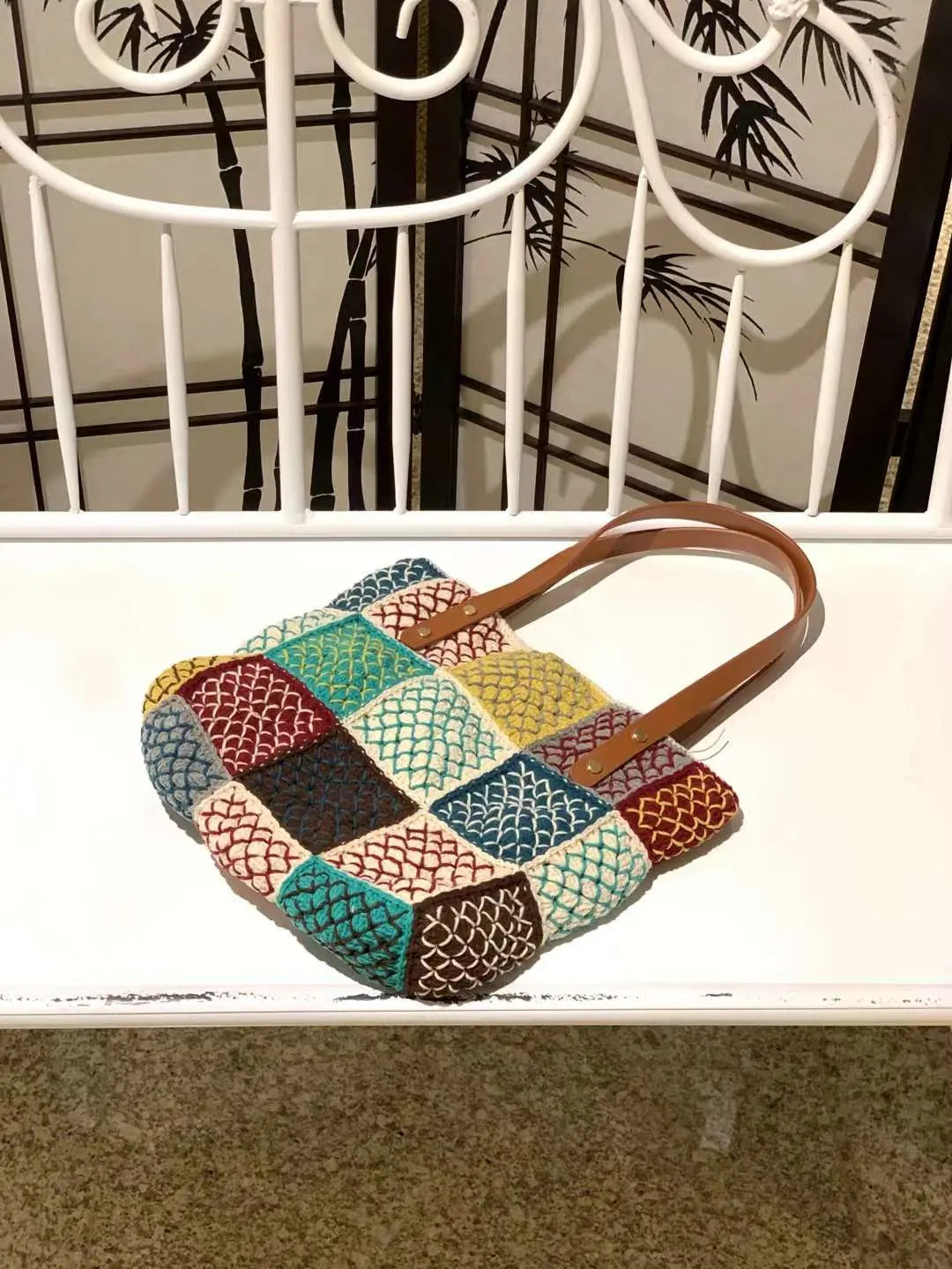 hand embroidery crochet bag with cotton lining and genuine leather shoulder straps