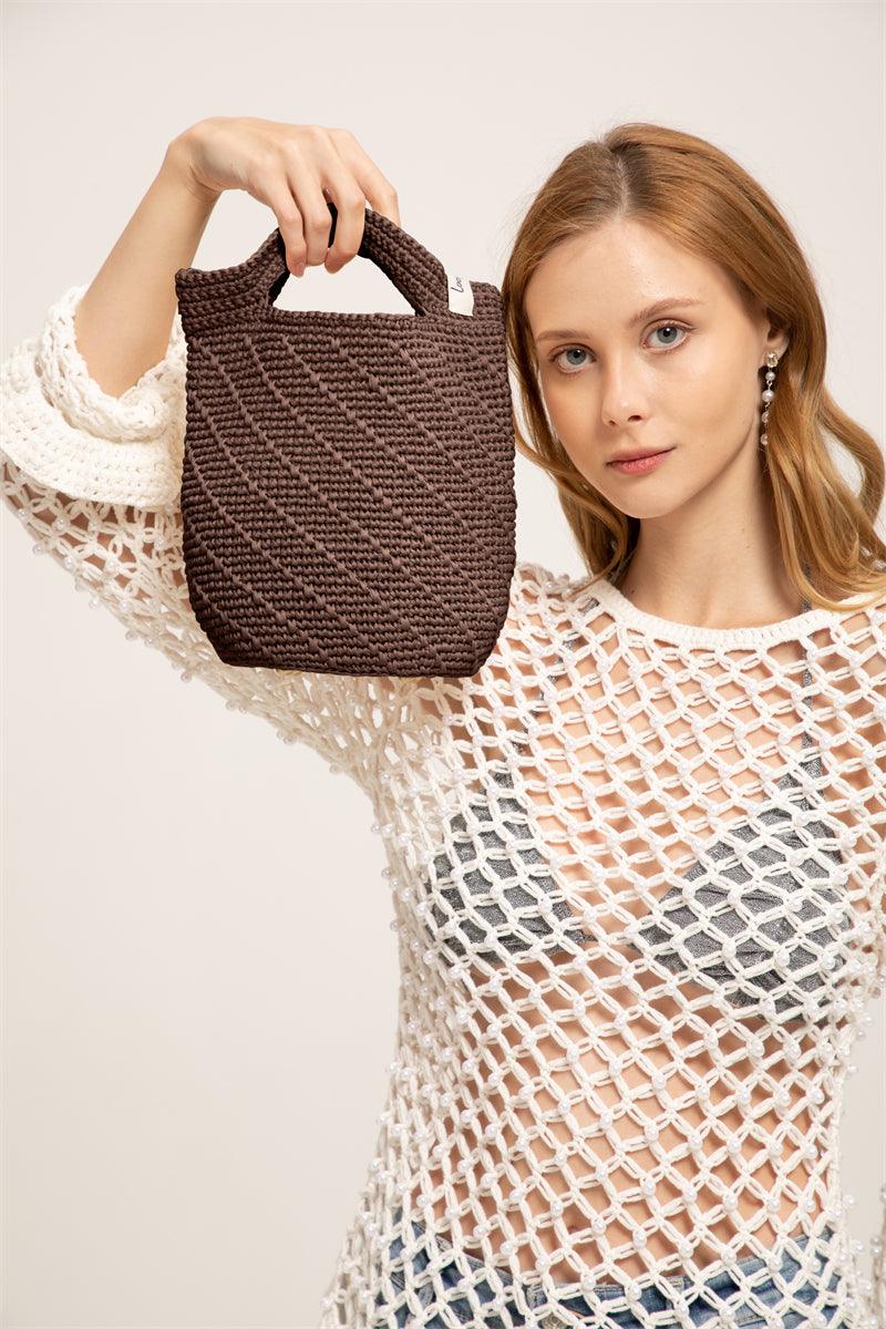 Tilano Hand Crochet Raffia Mini Bucket Bag With Leather Bottom Brown