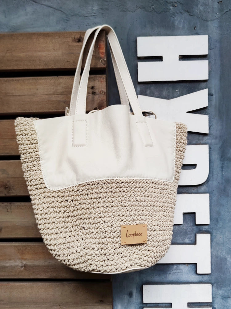 Hopper Hand Crochet Shoulder Bag With Leather Strap