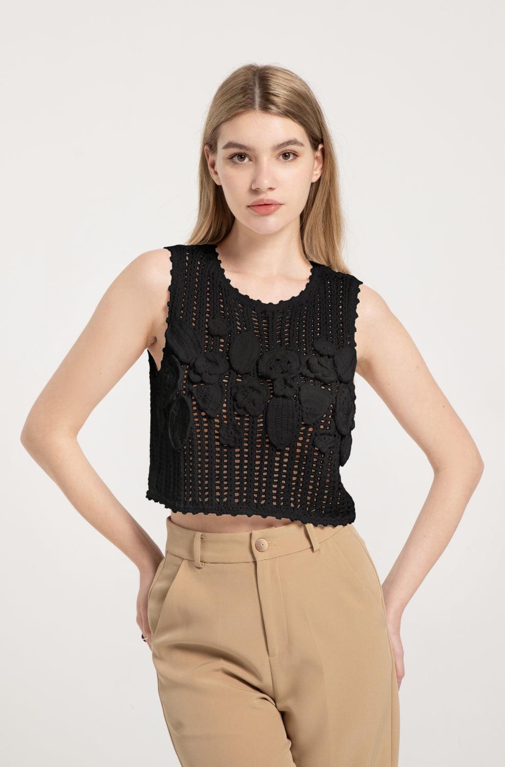 Leafora Crochet Crop Top Cover Up Black
