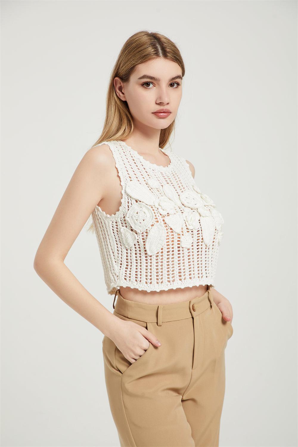 White Crochet Crop Top Cover Up With Hand Crochet Floral