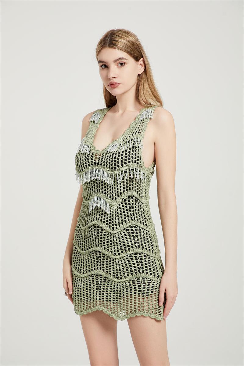Wava Deep V-neck Crochet Cover Up Mini Dress Beading Fringe