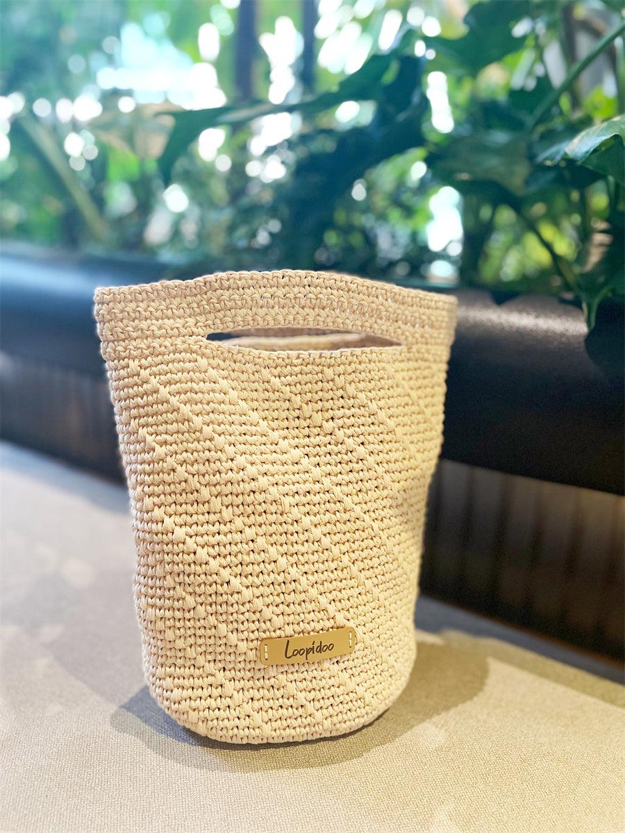 Tilano Hand Crochet Mini Bucket Bag With Leather Bottom Beige