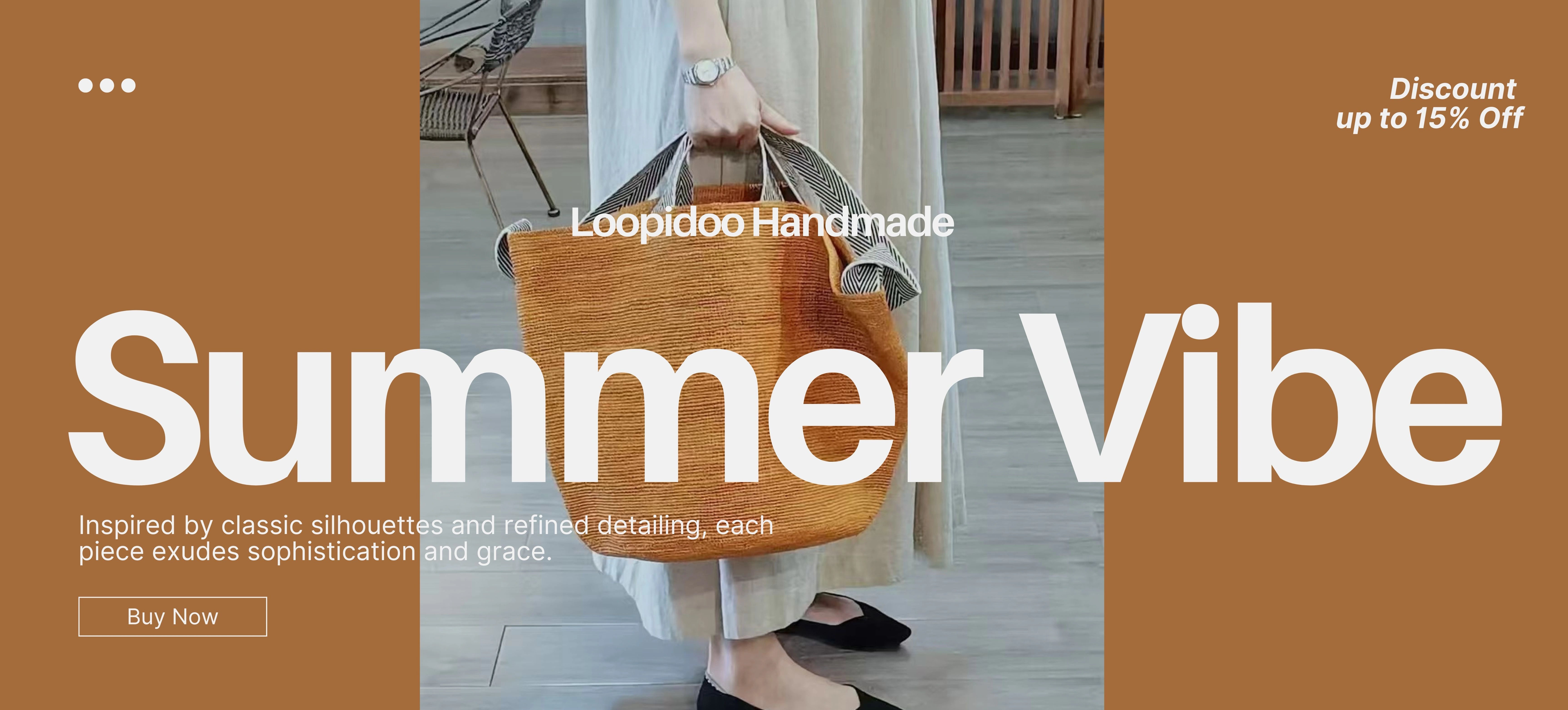 a website banner with a women holding an orange raffia bag in hand, the raffia bag is a plain pattern solid color large tote in handmade, with information of a discount up to 15% off