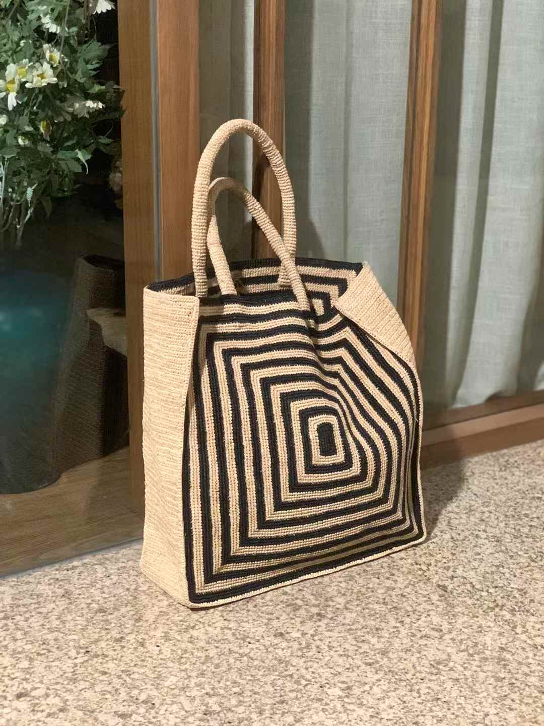 Large Straw Tote For Women, high quality hand crochet handbag in raffia straw, beige color base matching black square pattern