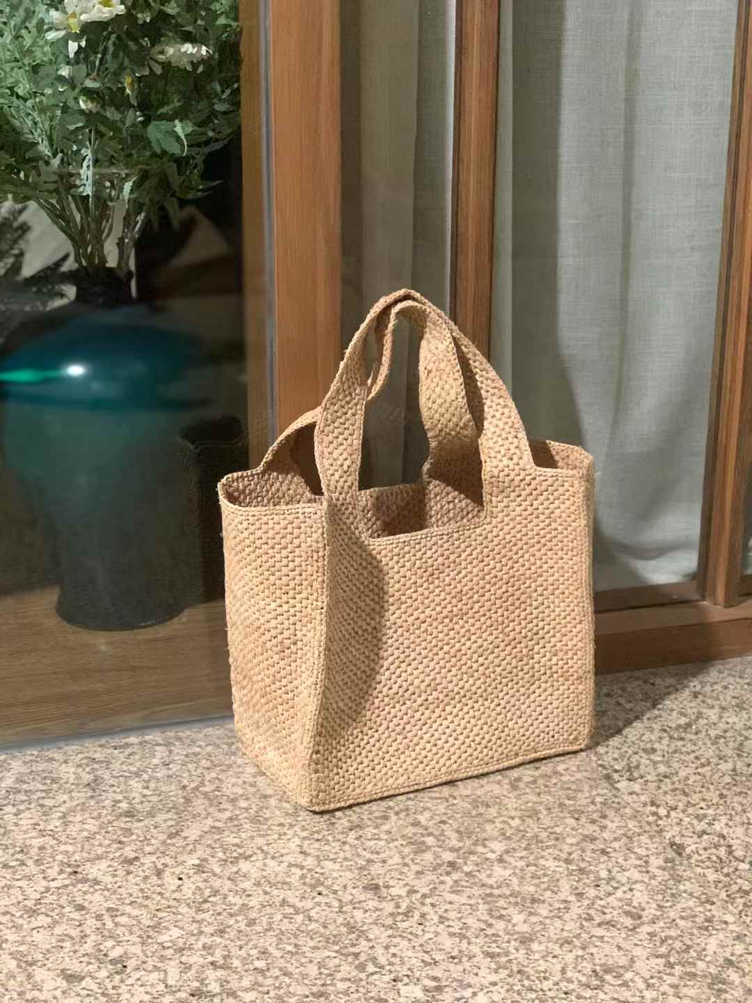 Rectangle Shape Raffia Bag with top handles, Minimalist Style raffia purse for women