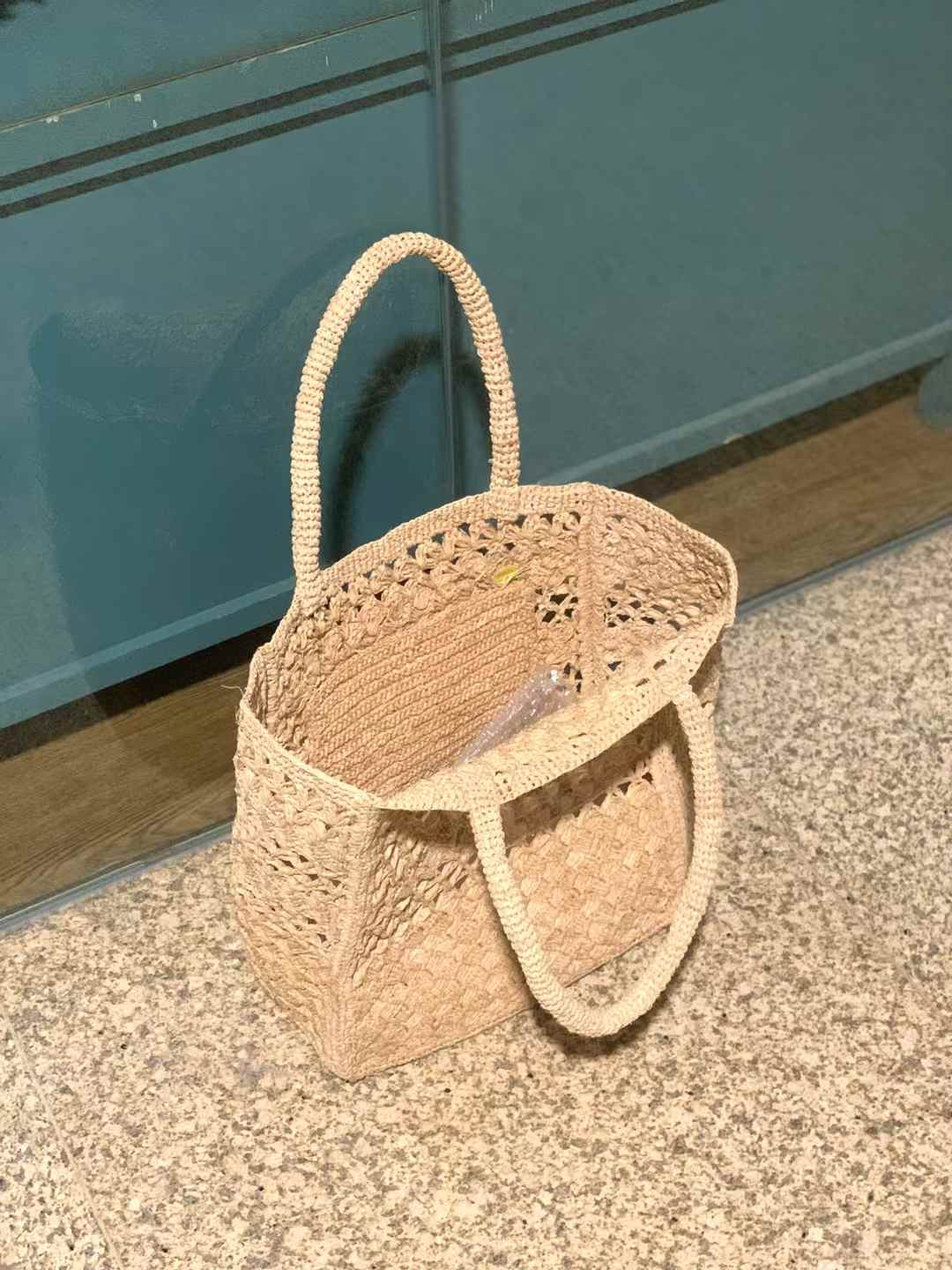 Crochet Raffia Bag in Natural straw, classic tote shape with inner pocket