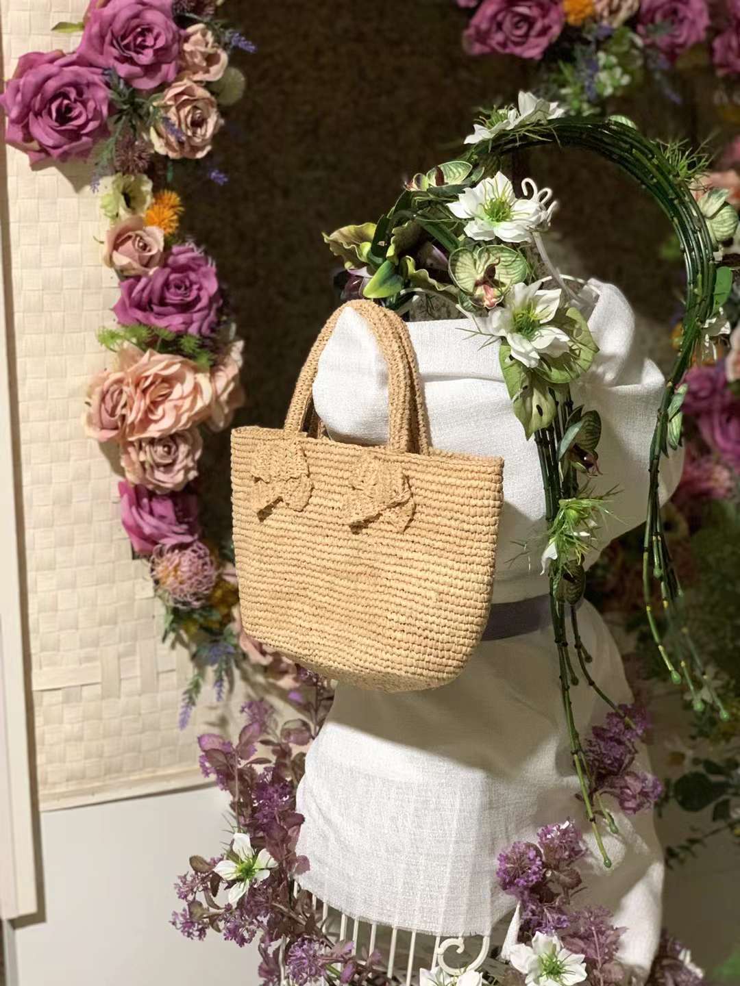 Straw Top Handle Bag for women With Two Bowknot