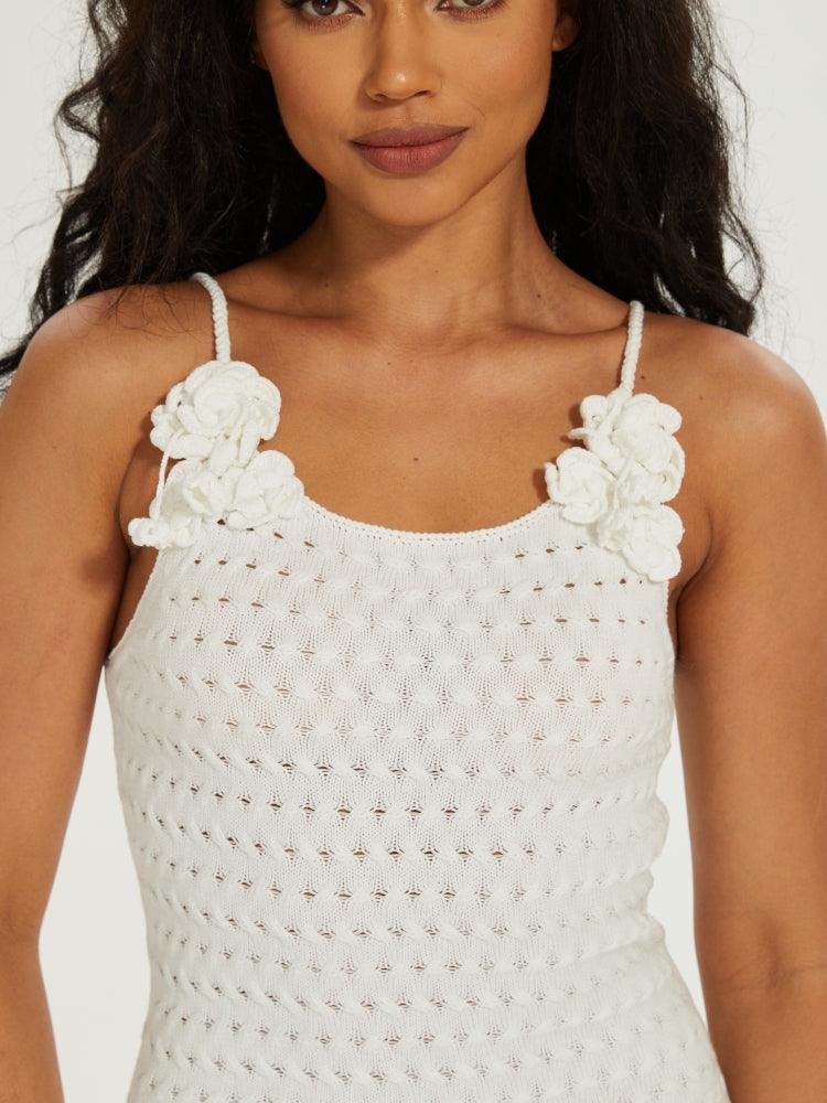 Rosa White Knit Mini Dress With Hand Crochet Roses | Loopidoo