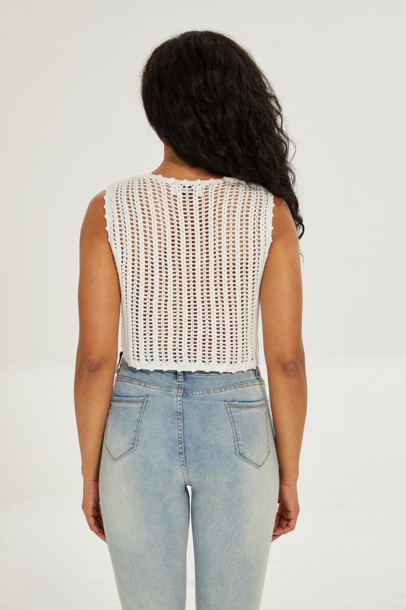 Vica White Net Crop Top With Hand Crochet