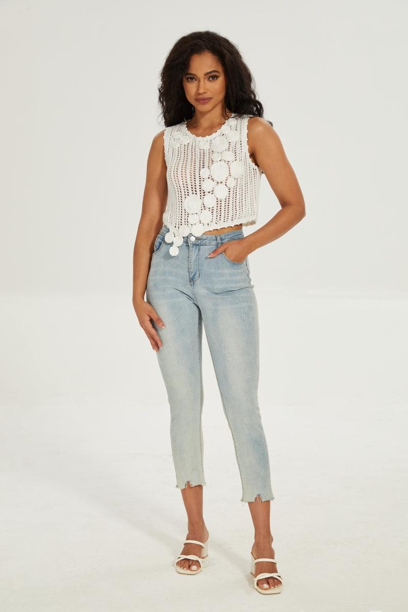 Vica White Net Crop Top With Hand Crochet