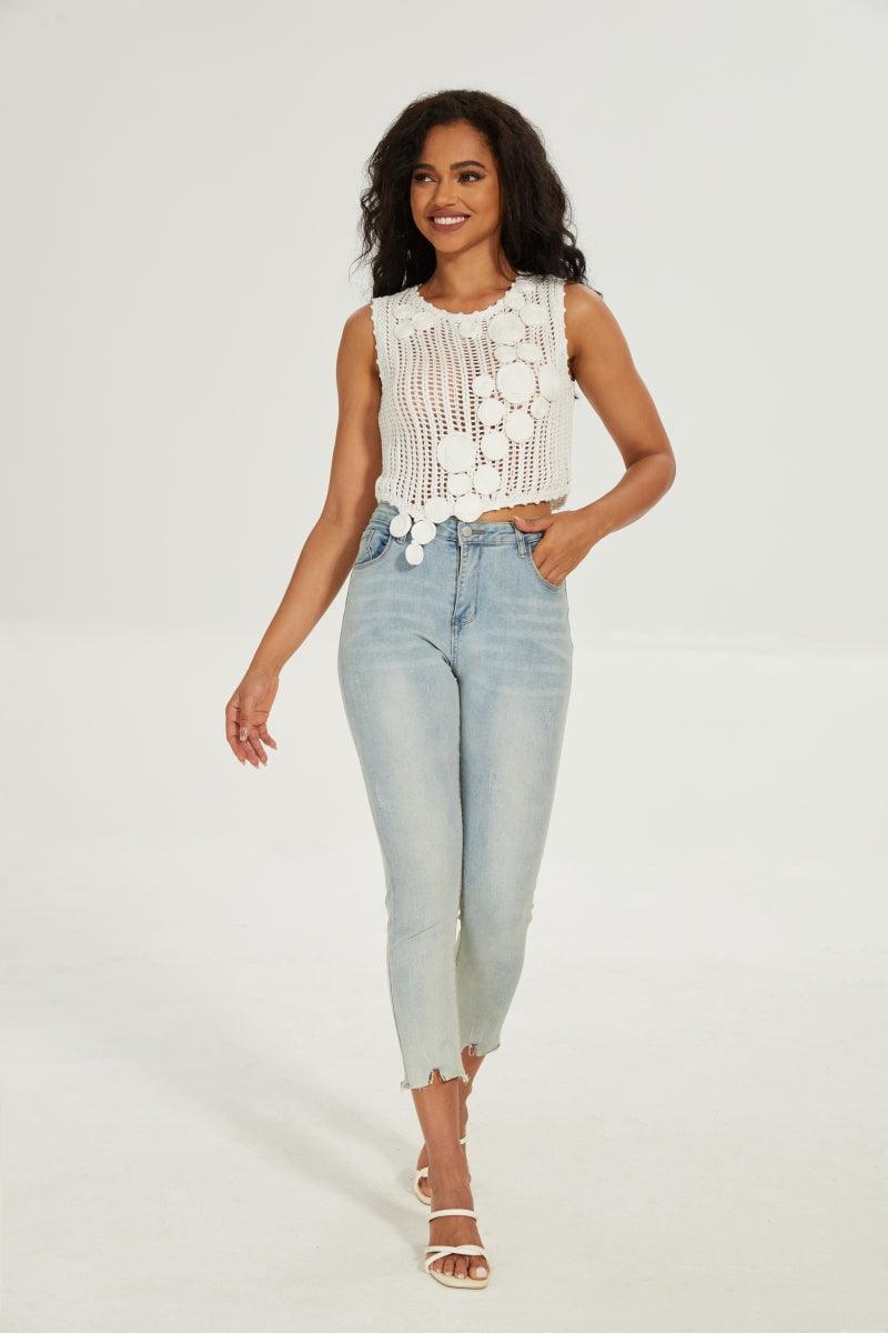 Vica White Net Crop Top With Hand Crochet