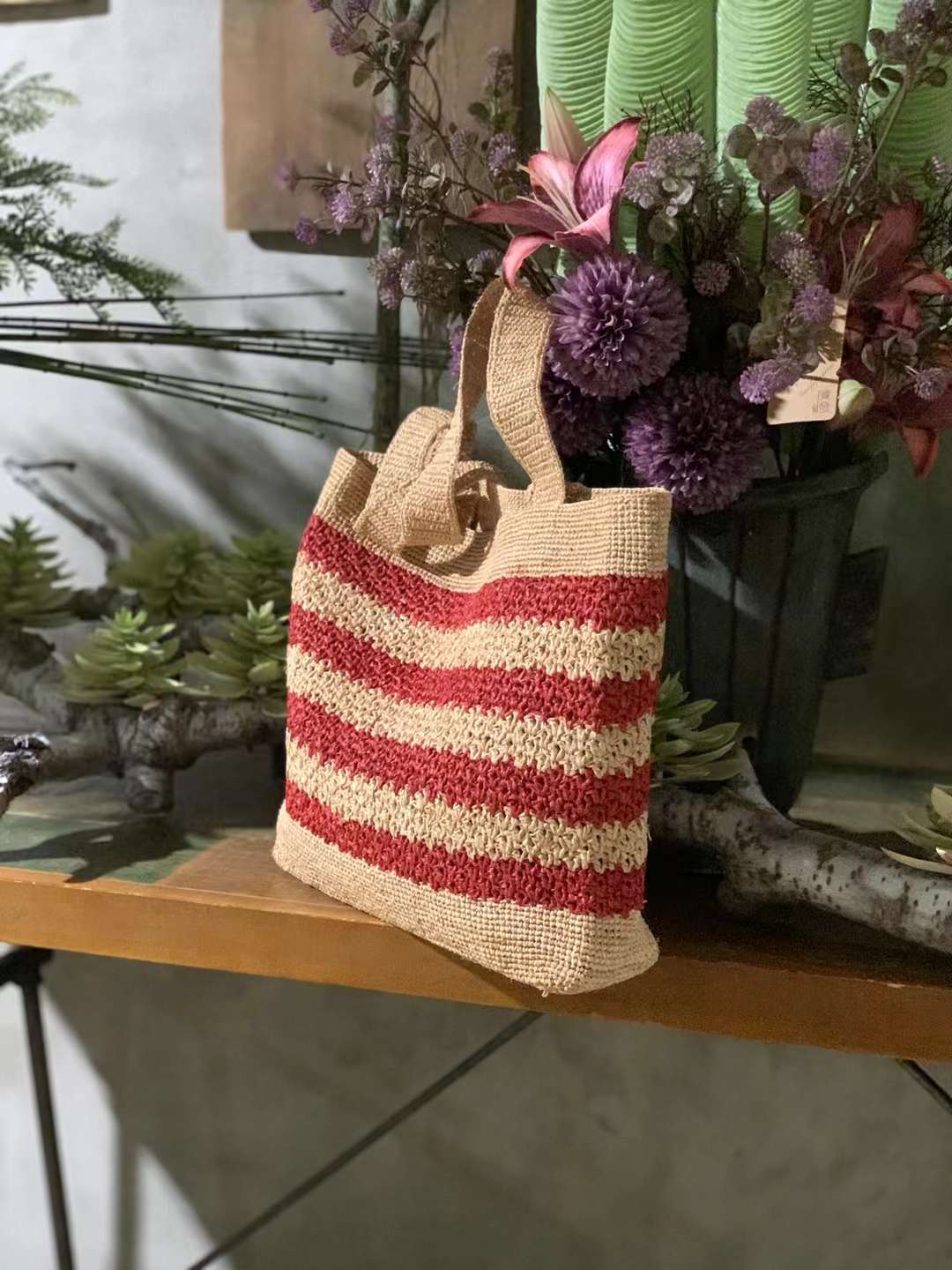 Jolly Raffia Crochet Bag IN Red Stripe