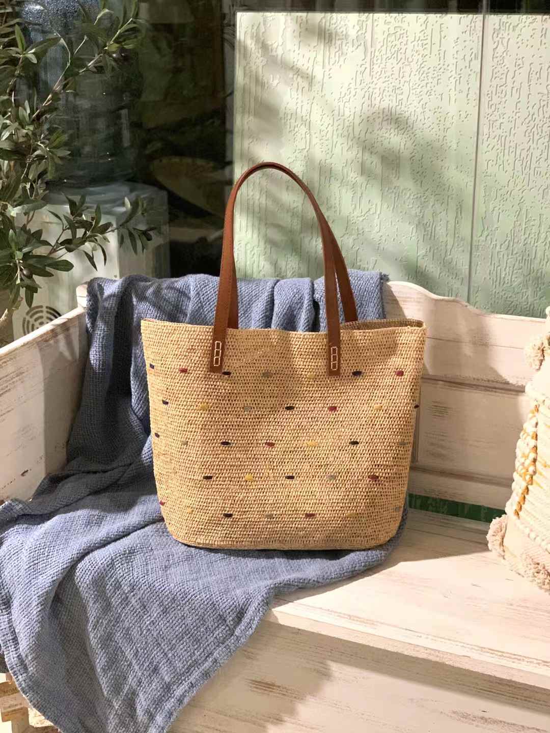 Starry Straw Bag Leather Handle