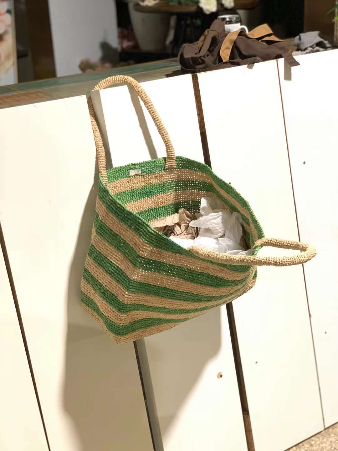 Chun Straw Tote Green Stripe