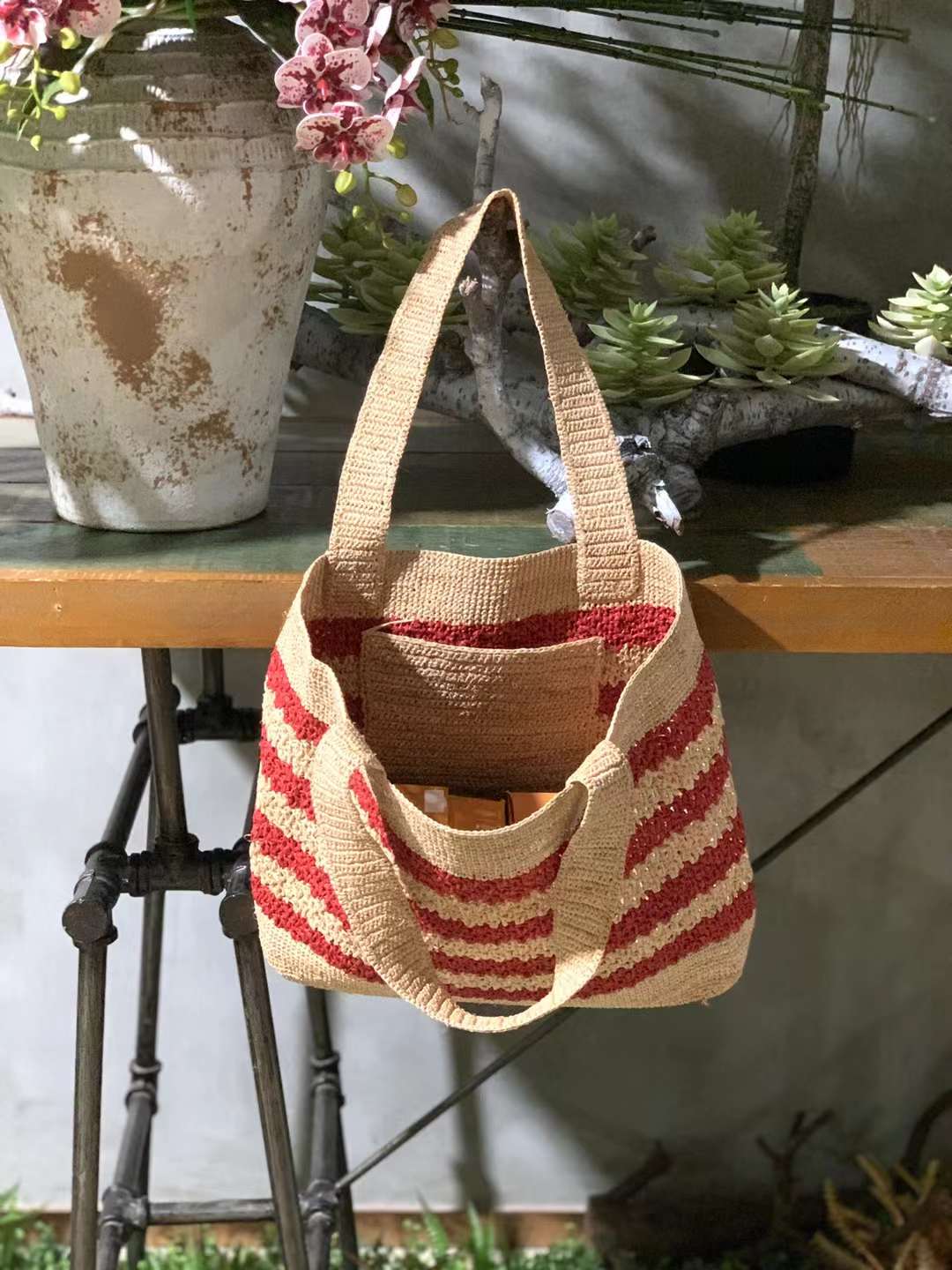 Jolly Raffia Crochet Bag IN Red Stripe