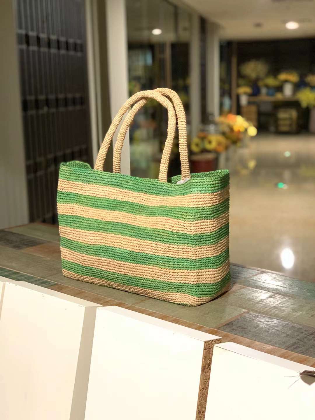 green stripes straw tote