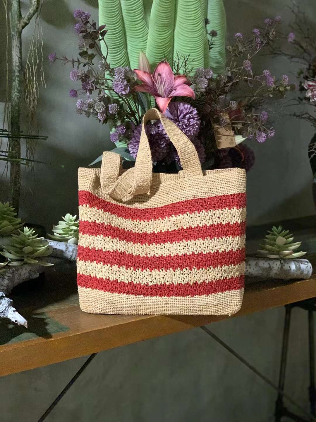 Jolly Raffia Crochet Bag IN Red Stripe