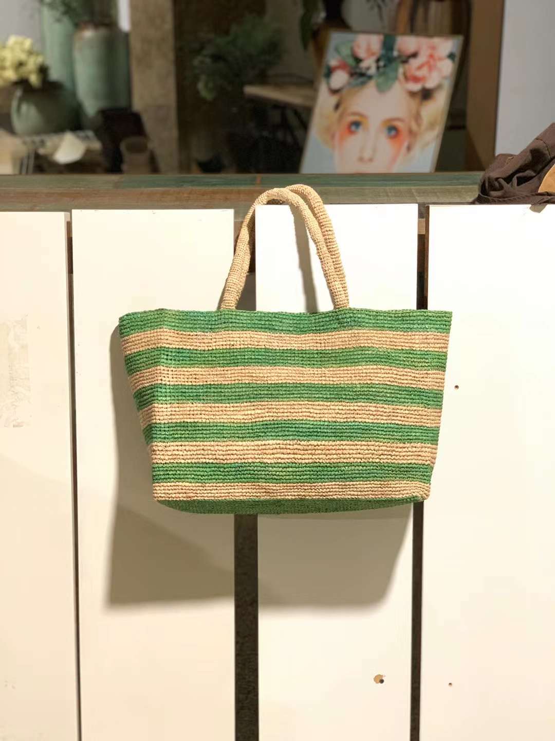 green stripes straw tote with 2 top handles