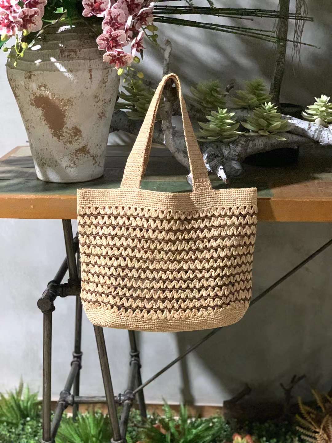 Crochet Straw Tote in classic earth tone, weave pattern and With 2 Wide Shoulder Straps