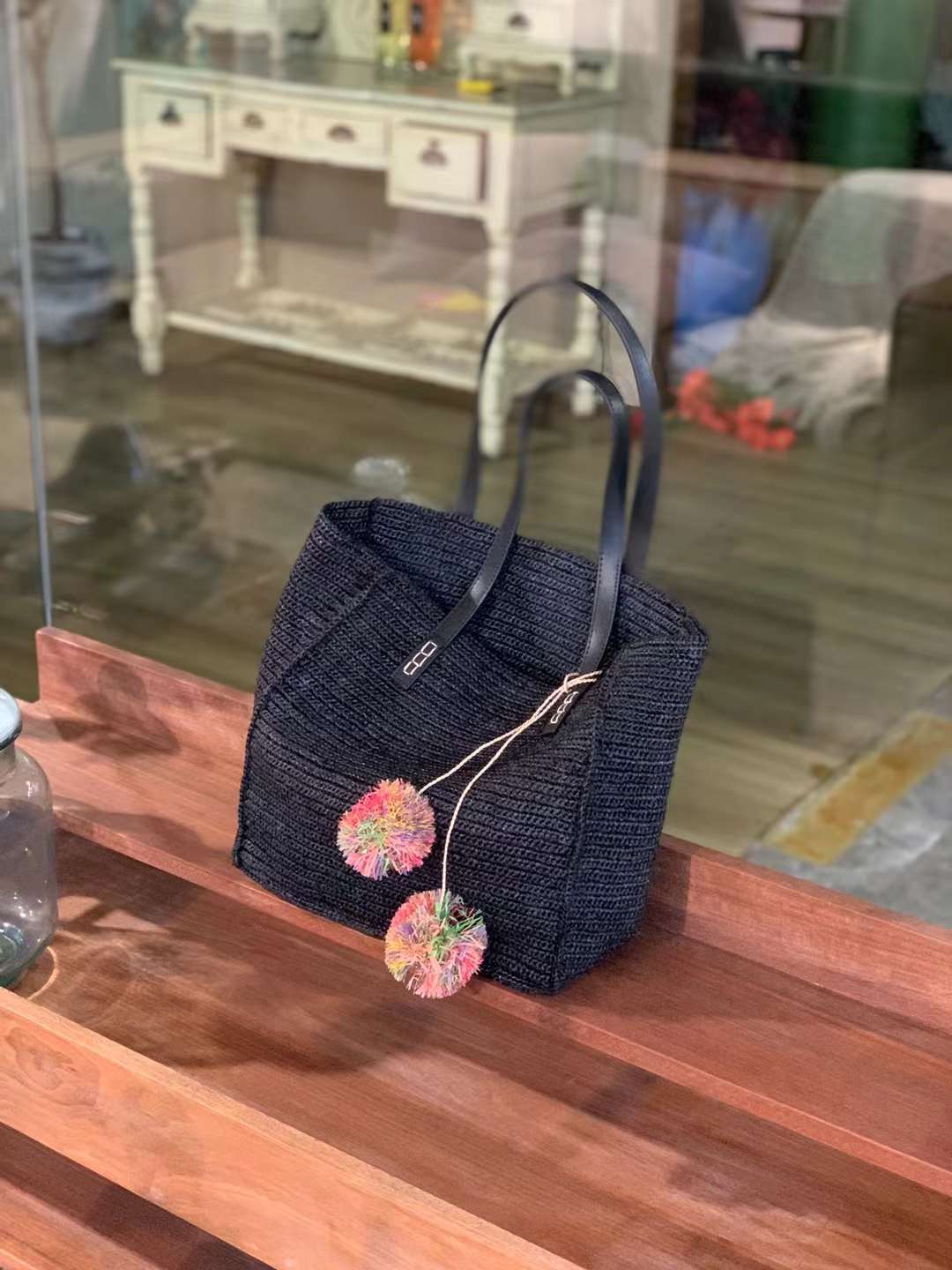 Black Straw bag With Leather Strap And colorful pompom bag charm