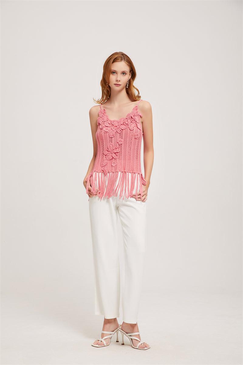 Spring Blossom Hand Crochet Strap Top With Fringe