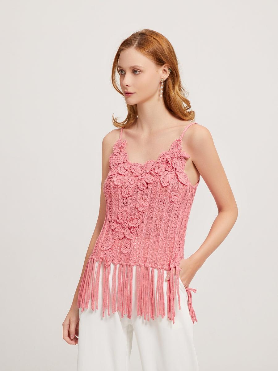 Spring Blossom Hand Crochet Strap Top With Fringe