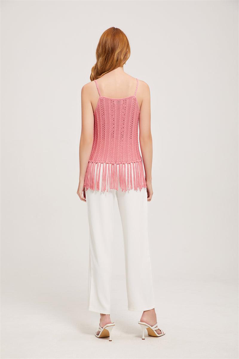 Spring Blossom Hand Crochet Strap Top With Fringe