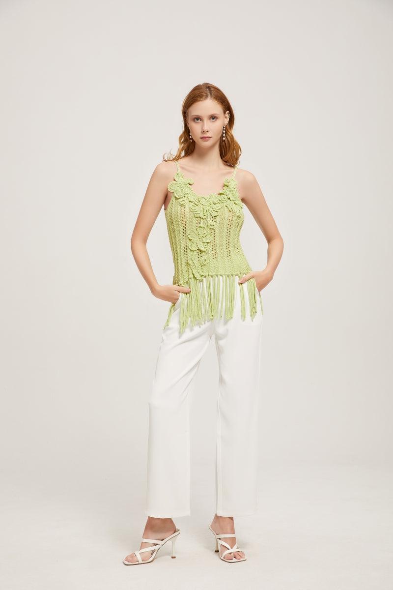 Spring Blossom Hand Crochet Strap Top With Fringe