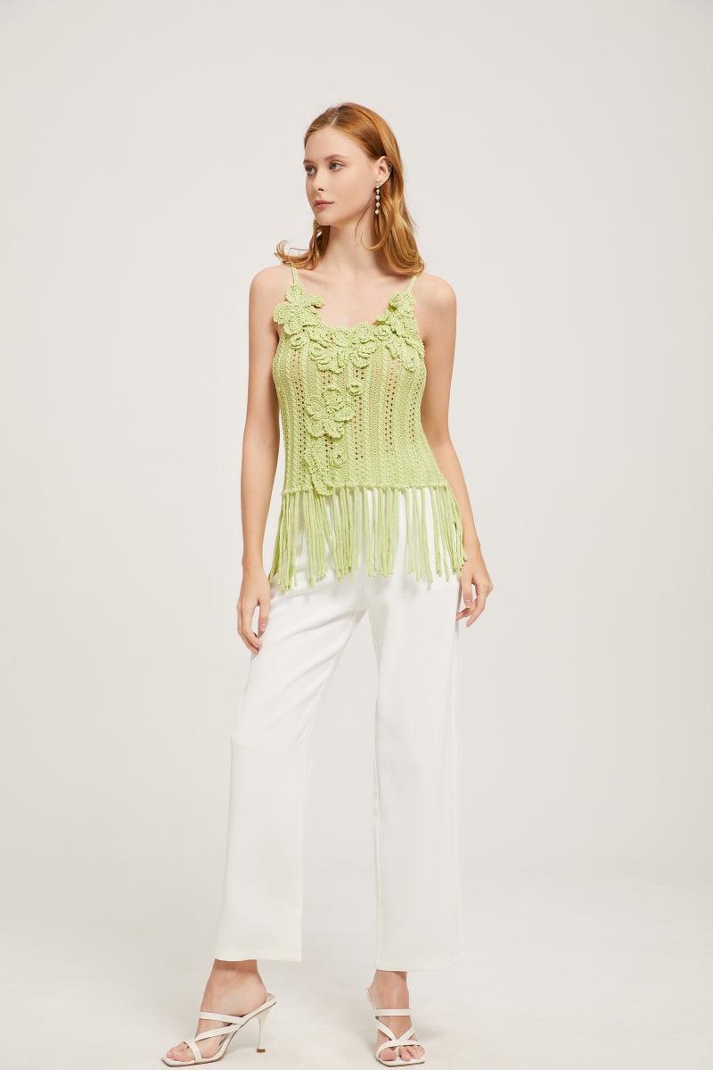 Spring Blossom Hand Crochet Strap Top With Fringe