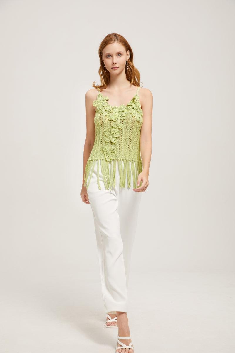 Spring Blossom Hand Crochet Strap Top With Fringe