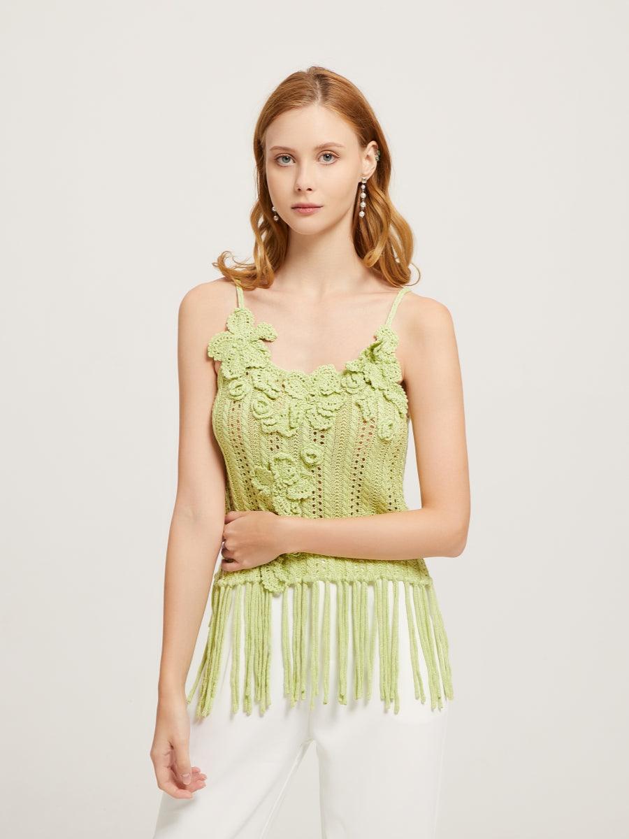 Spring Blossom Hand Crochet Strap Top With Fringe