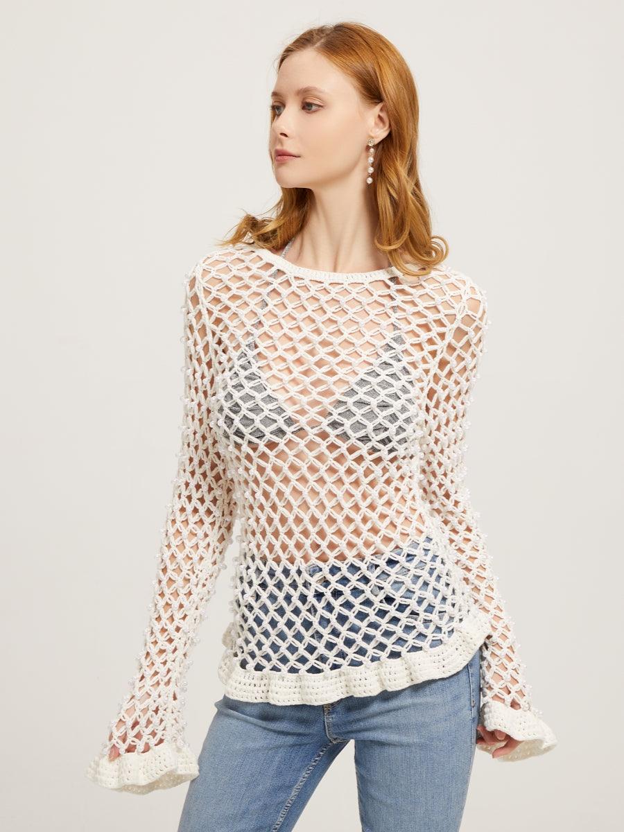 Ruffled Long Sleeves Beaded Hand Crochet Top Cover Up