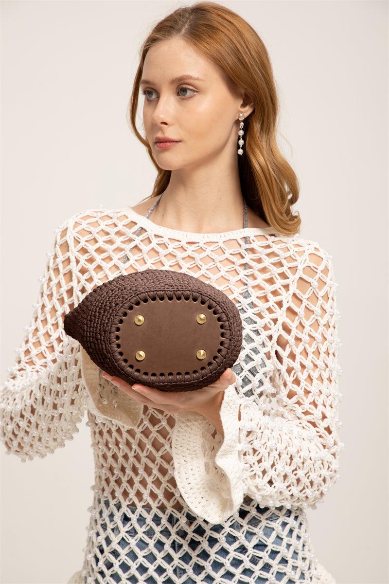 Tilano Hand Crochet Raffia Mini Bucket Bag With Leather Bottom Brown