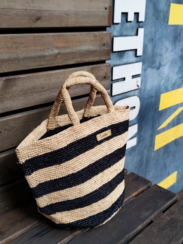 Black Stripe Raffia Bag for Women