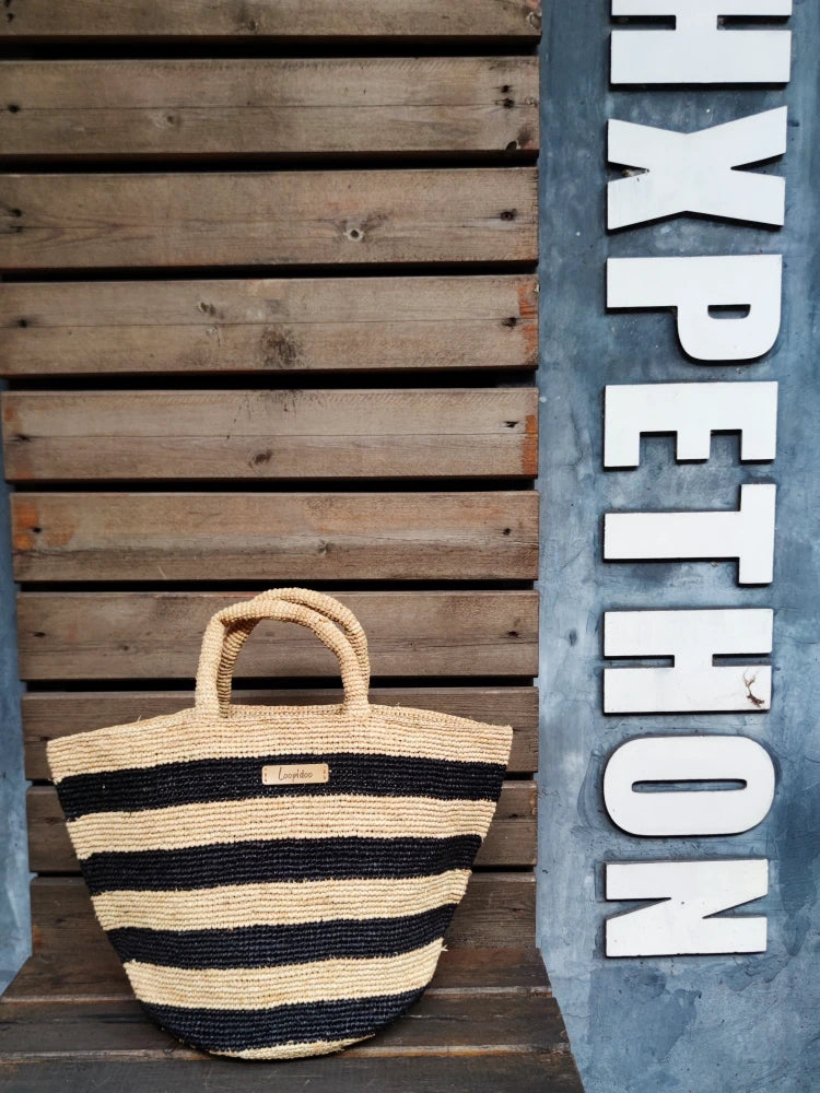 Black Stripe Raffia Bag for Women