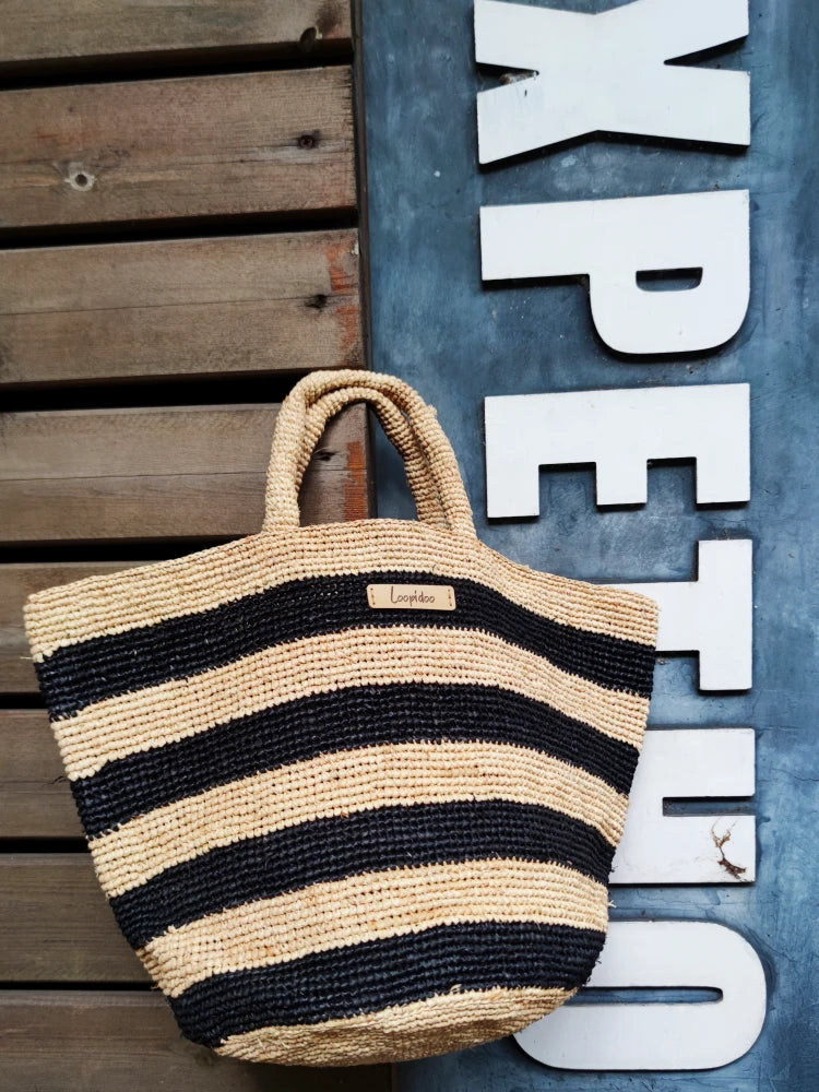 Black Stripe Raffia Bag for Women